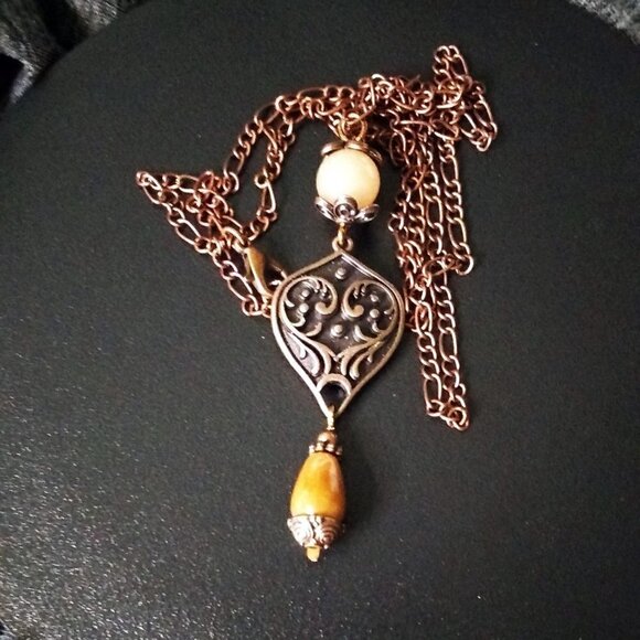 Drop "Y" Necklace - Semi-Precious Stones + Copper ~ Intricate Ornate Feminine - Picture 3 of 8